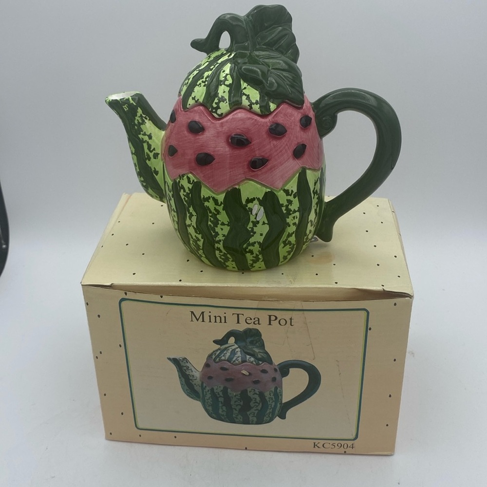 VTG  Cracker Barrel mini Watermelon ceramic Teapot w/ box